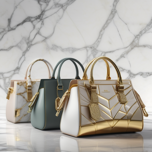 Luxury handbags with gold accents on marble surface, with a soft-lit silhouette of a person in the background.