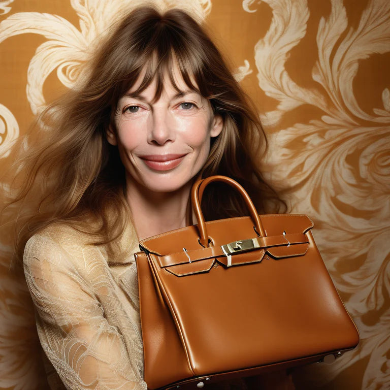 Serene portrait of Jane Birkin with a Hermes Birkin bag, symbolizing her net worth.