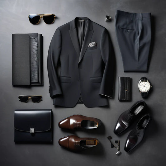 Men's high fashion items including tailored suit, dress shoes, luxury watch, designer wallet, and sunglasses showcased elegantly.