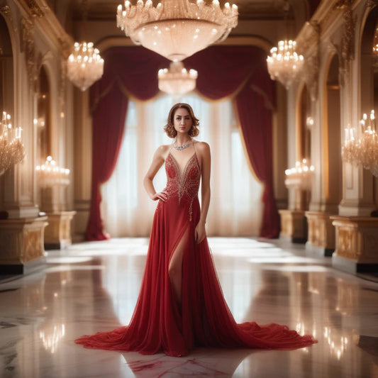 A woman in a red evening gown radiates elegance in a grand ballroom setting.