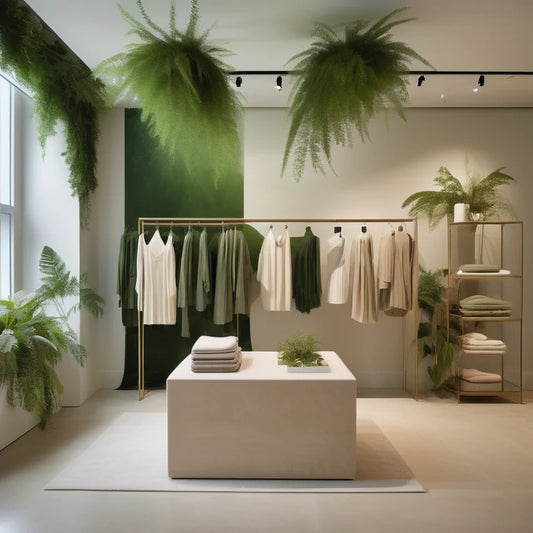 Eco-friendly luxury garments presented in a modern, sustainable fashion boutique setting.