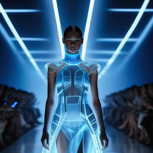 A model walks a high-tech fashion runway, her dress glowing blue, with an audience of silhouetted figures adorned in glowing accessories.