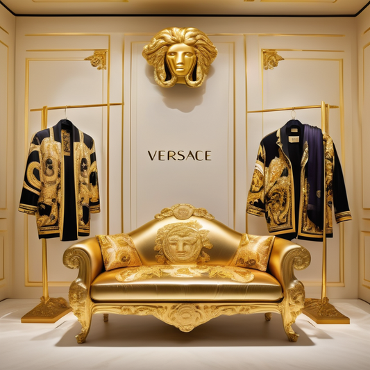 A variety of Versace clothing items displayed elegantly around a gold-detailed couch with soft lighting.