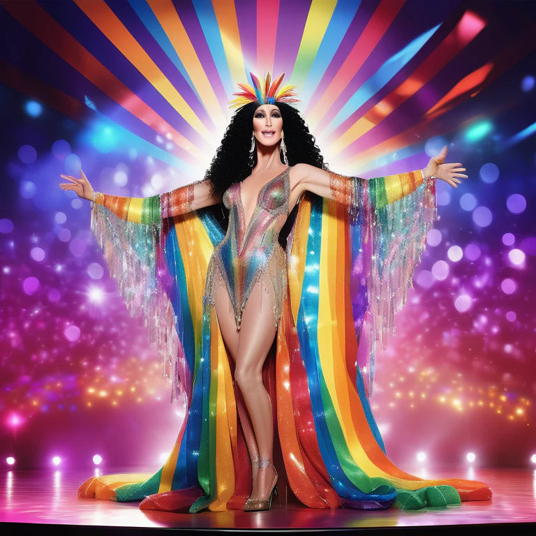 Cher in a sparkling Pride-themed CHERSACE outfit on stage, under rainbow lights, with cheering fans.