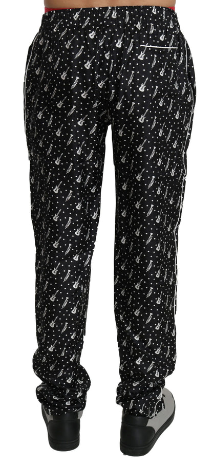 Elegant Black Musical Instrument Print Silk Pants