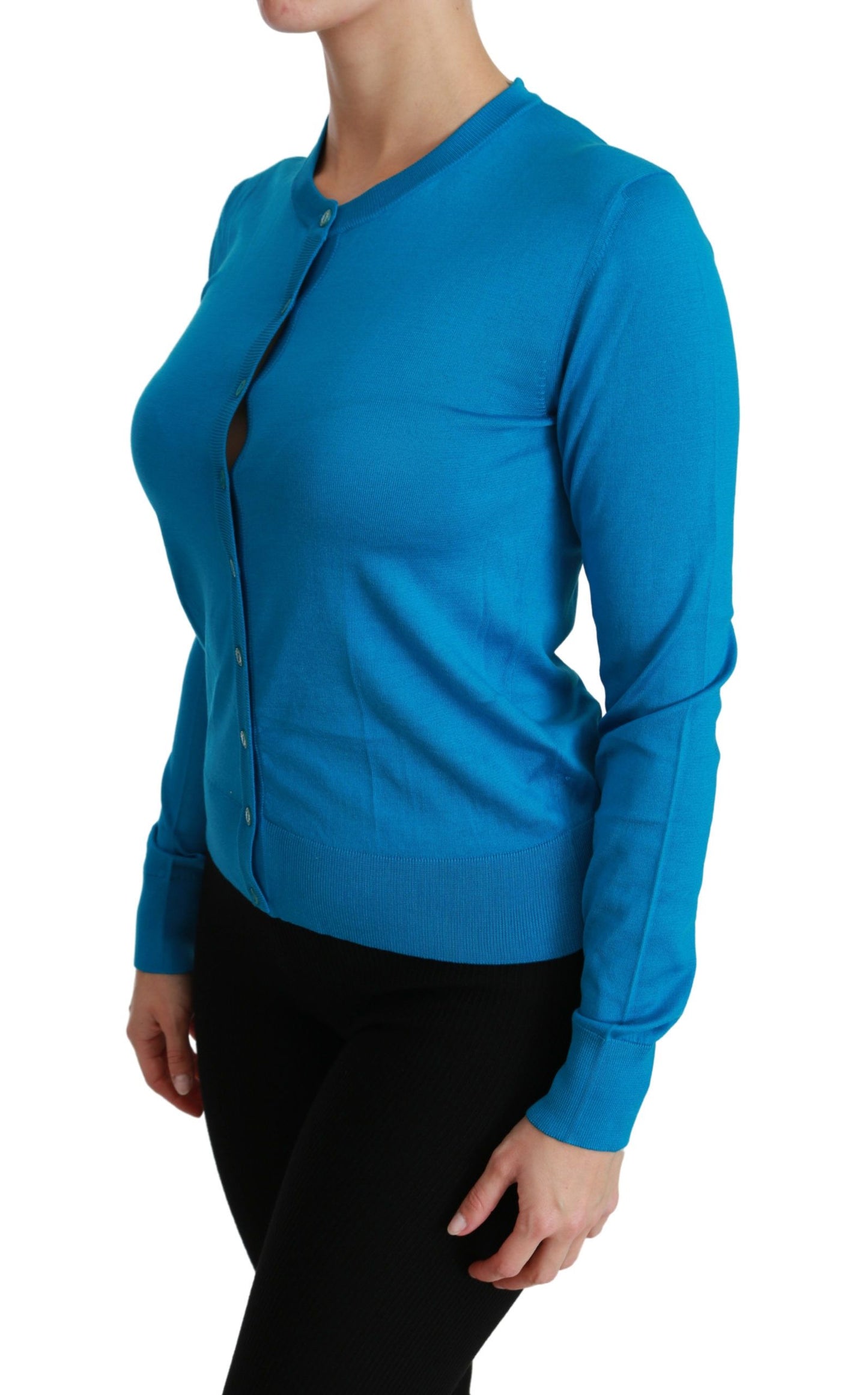 Elegant Silk Blue Crewneck Cardigan