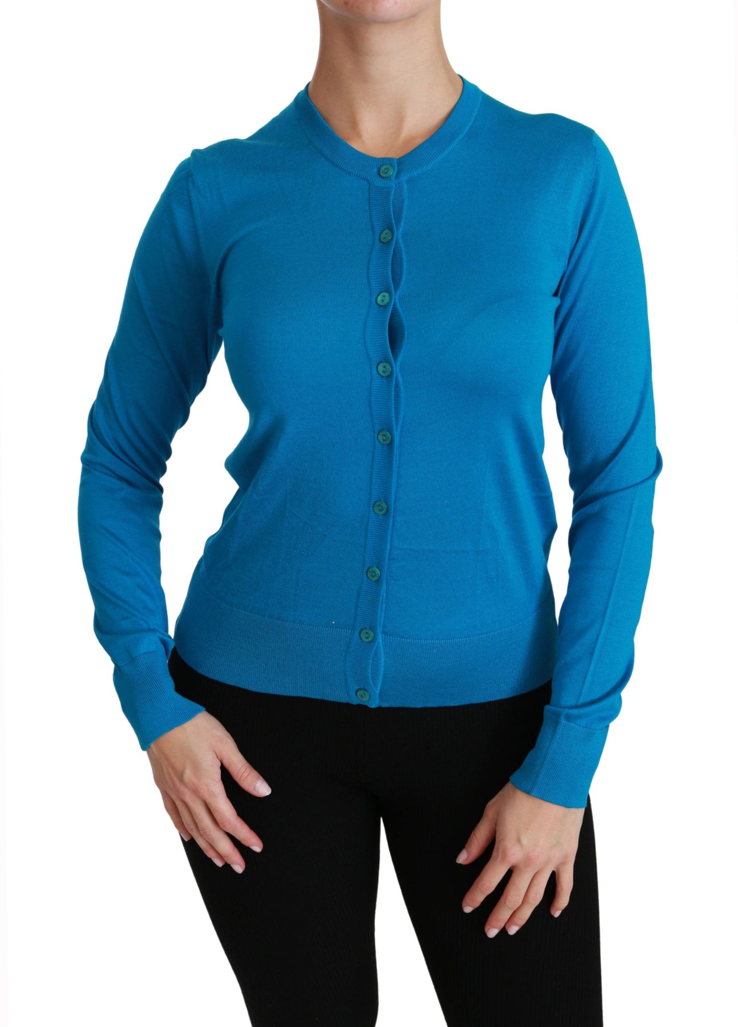 Elegant Silk Blue Crewneck Cardigan