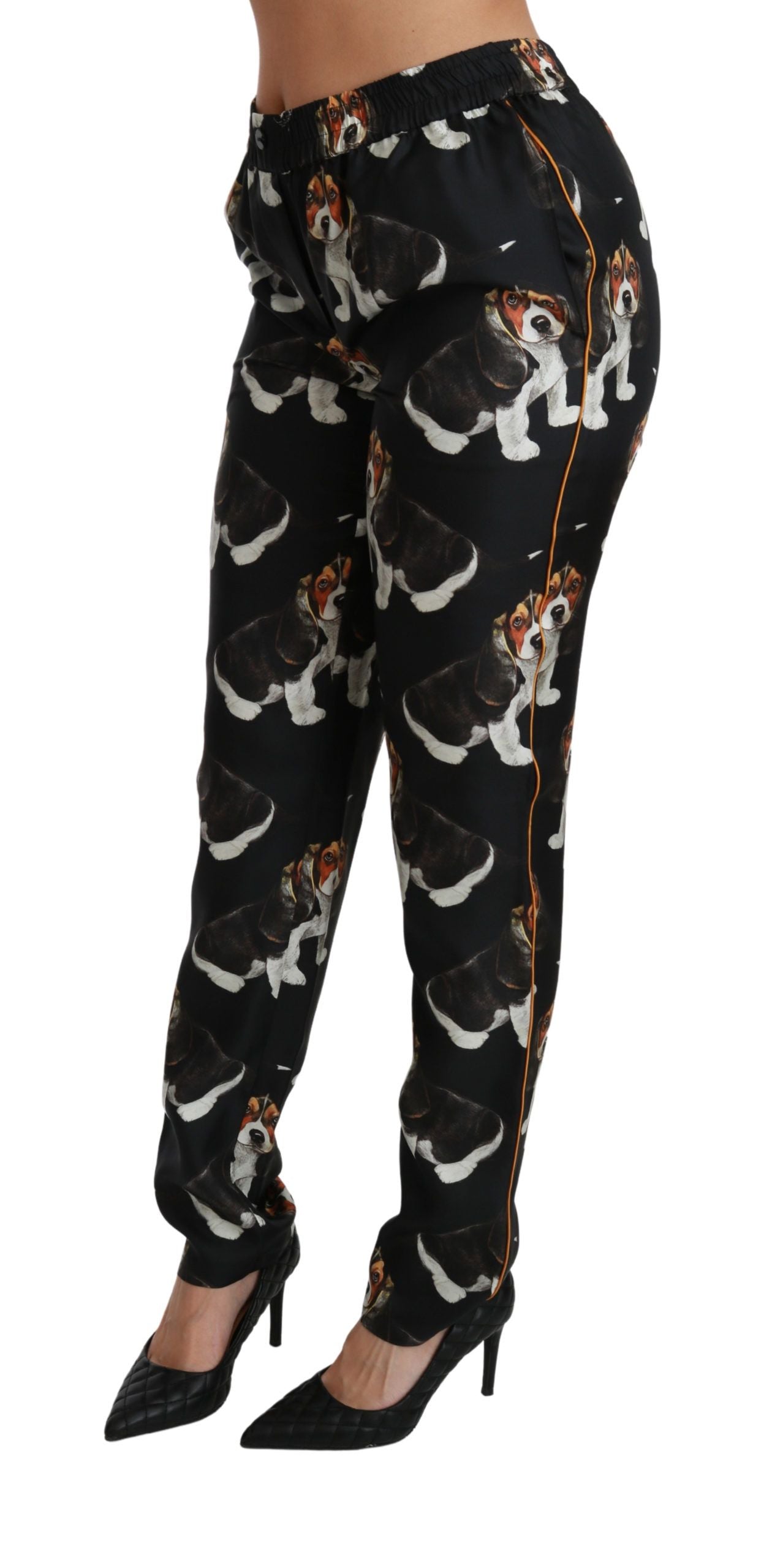 Elegant Silk Puppy Dog Print Pants