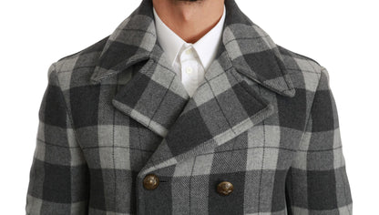 Elegant Gray Check Double Breasted Coat