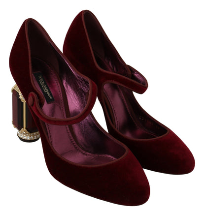 Red Velvet Crystal-Embellished Mary Janes Heels