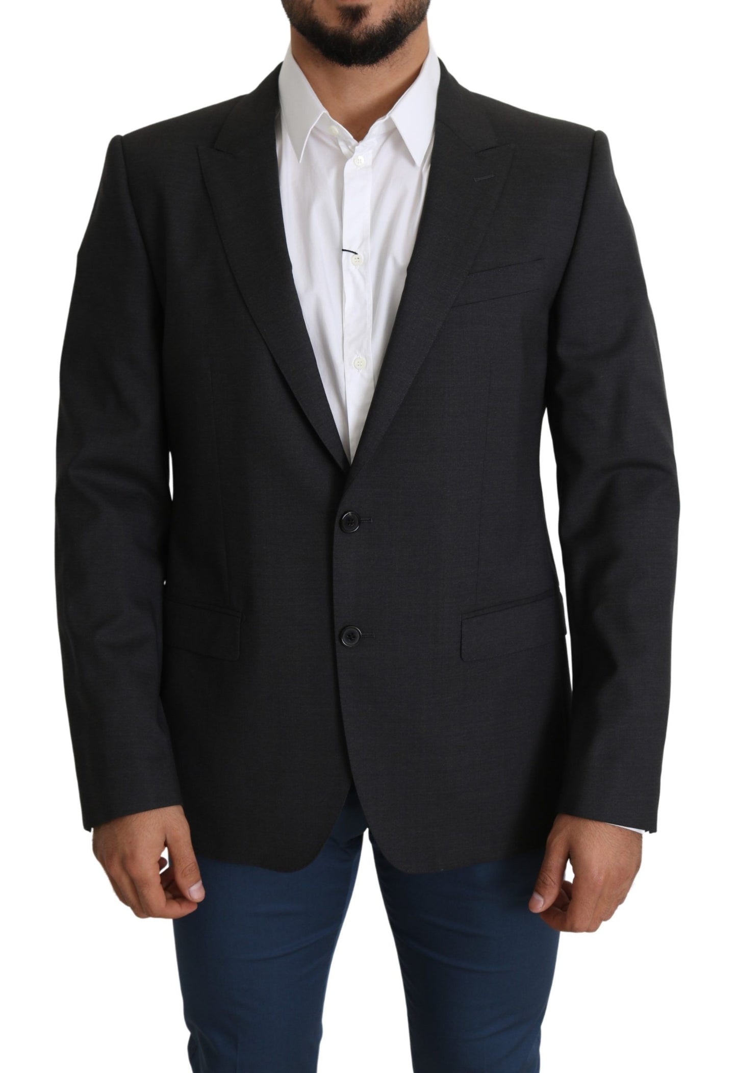 Elegant Gray Wool Silk Blend Slim Fit Blazer