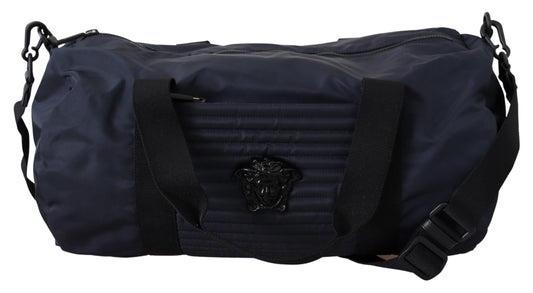 Elegant Blue Nylon Travel Bag with Leather Details