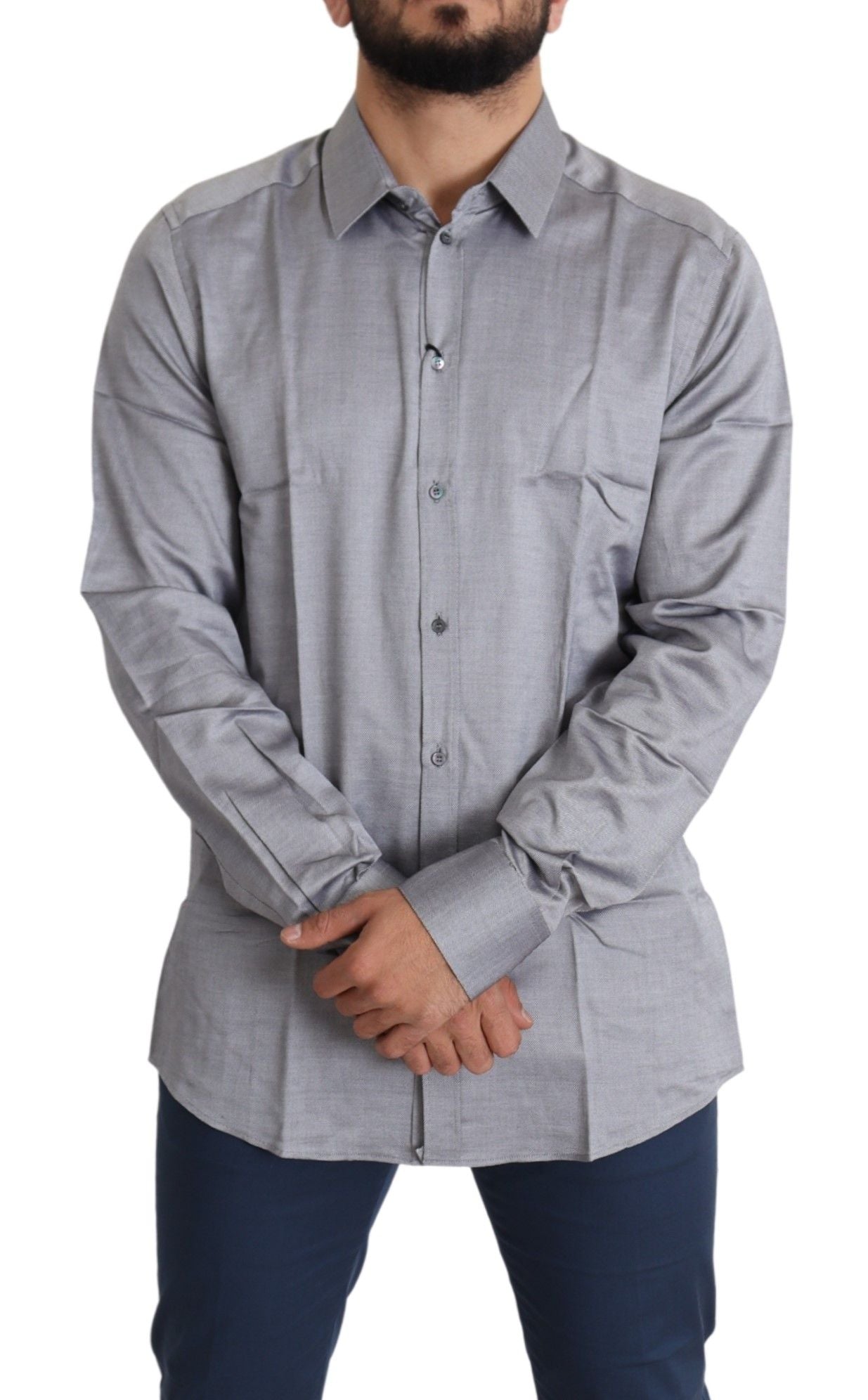 Elegant Gray Slim Fit Cotton Dress Shirt