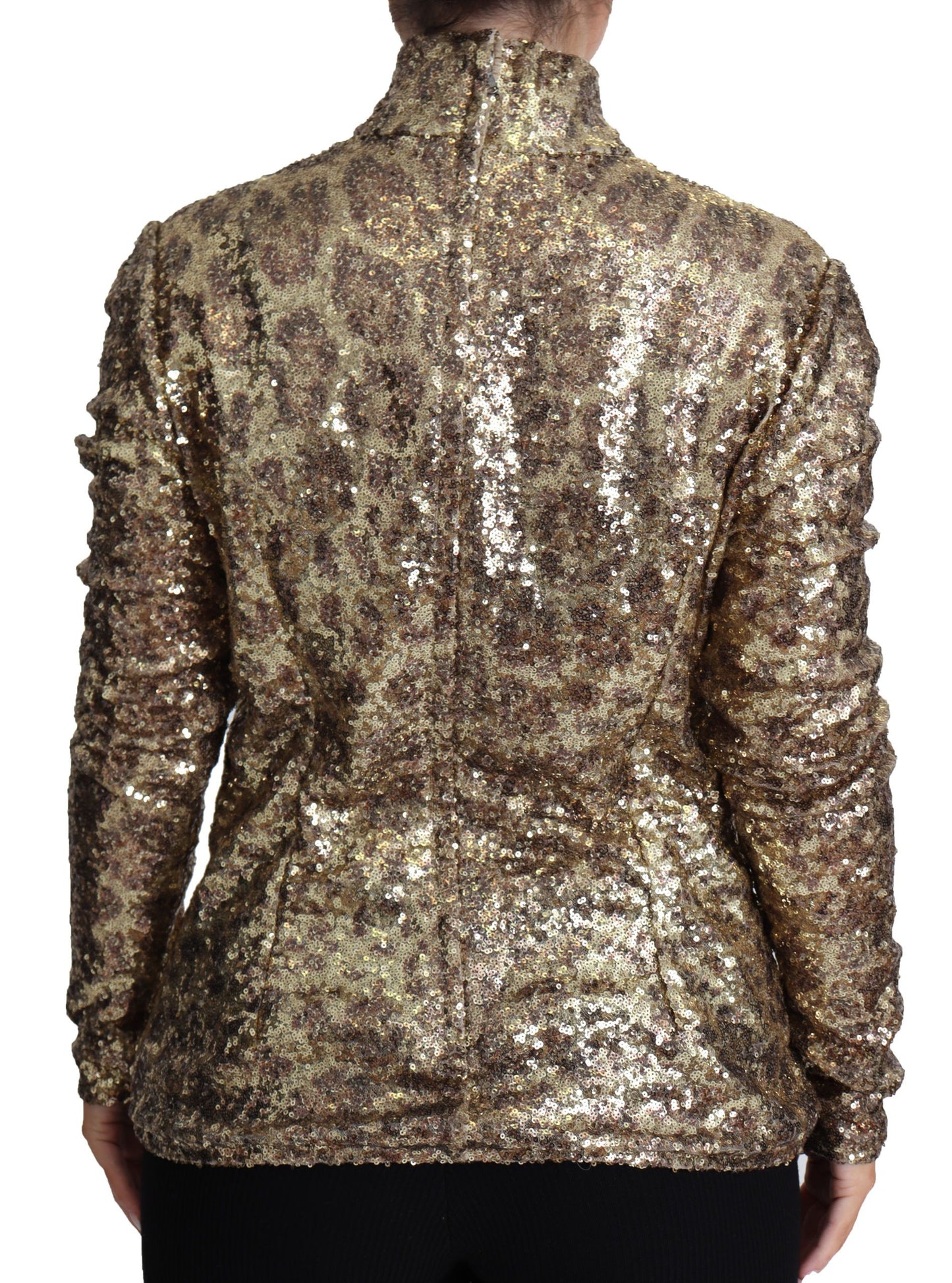 Sequined Turtleneck Full Zip Sweater in Brown