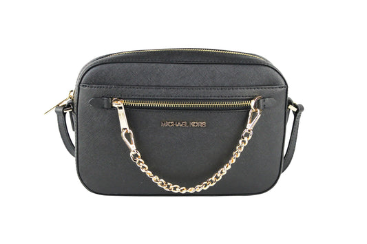 Jet Set Item Large East West Saffiano Leather Zip Chain Crossbody Handbag (Black Solid/Gold)