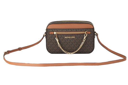 Jet Set Item Large East West Signature Leather Zip Chain Crossbody Handbag (Brown PVC/Brown)