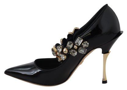 Elegant Black Leather Crystal Pumps