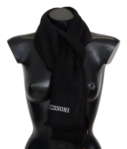 Elegant Black Wool Scarf with Logo Embroidery