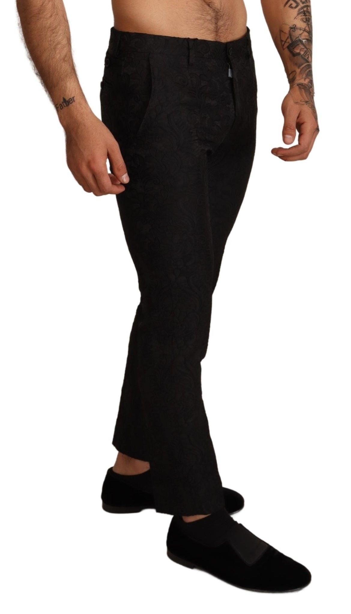 Elegant Black Floral Brocade Dress Pants