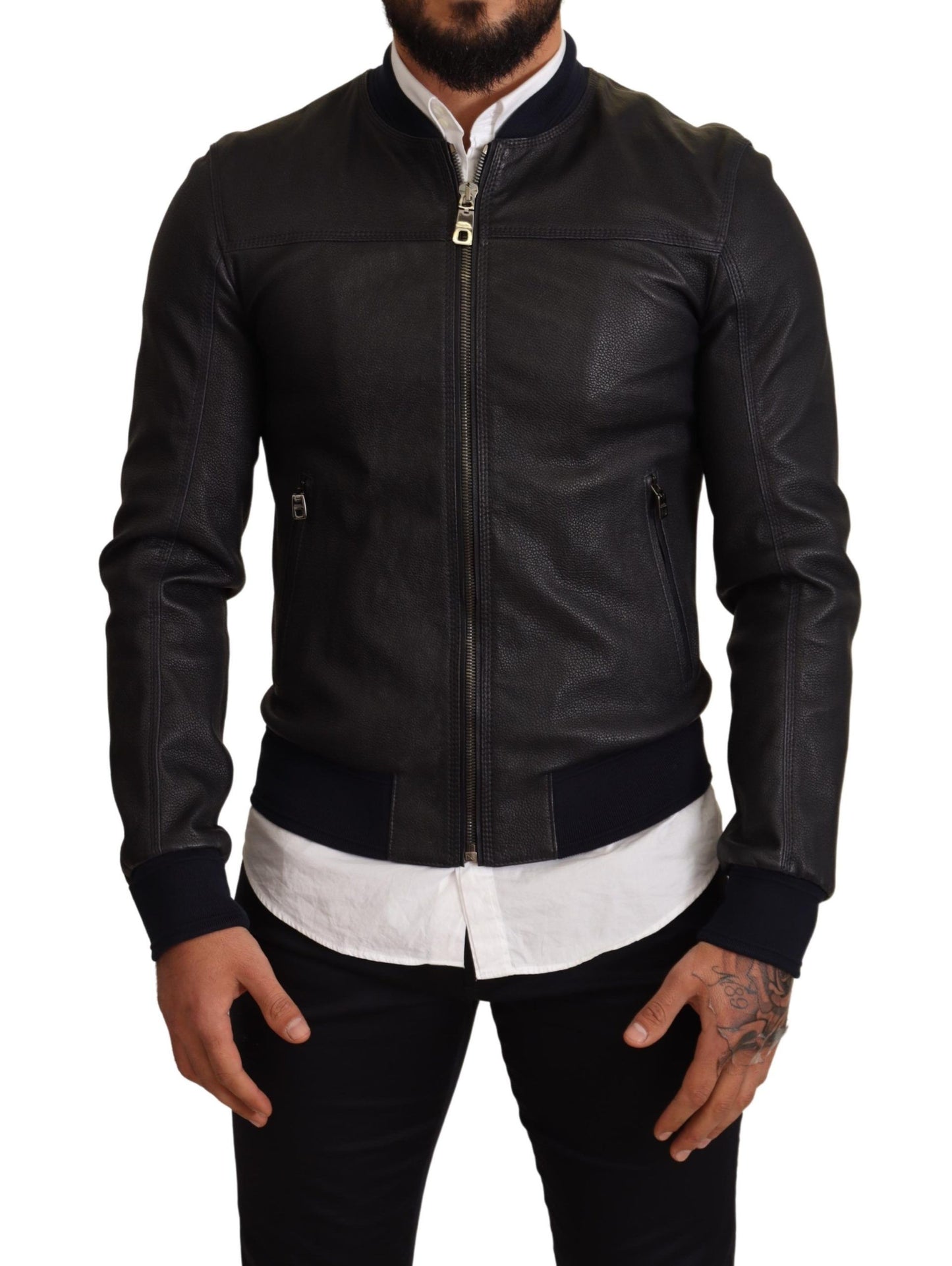 Elegant Leather Bomber Jacket in Dark Blue