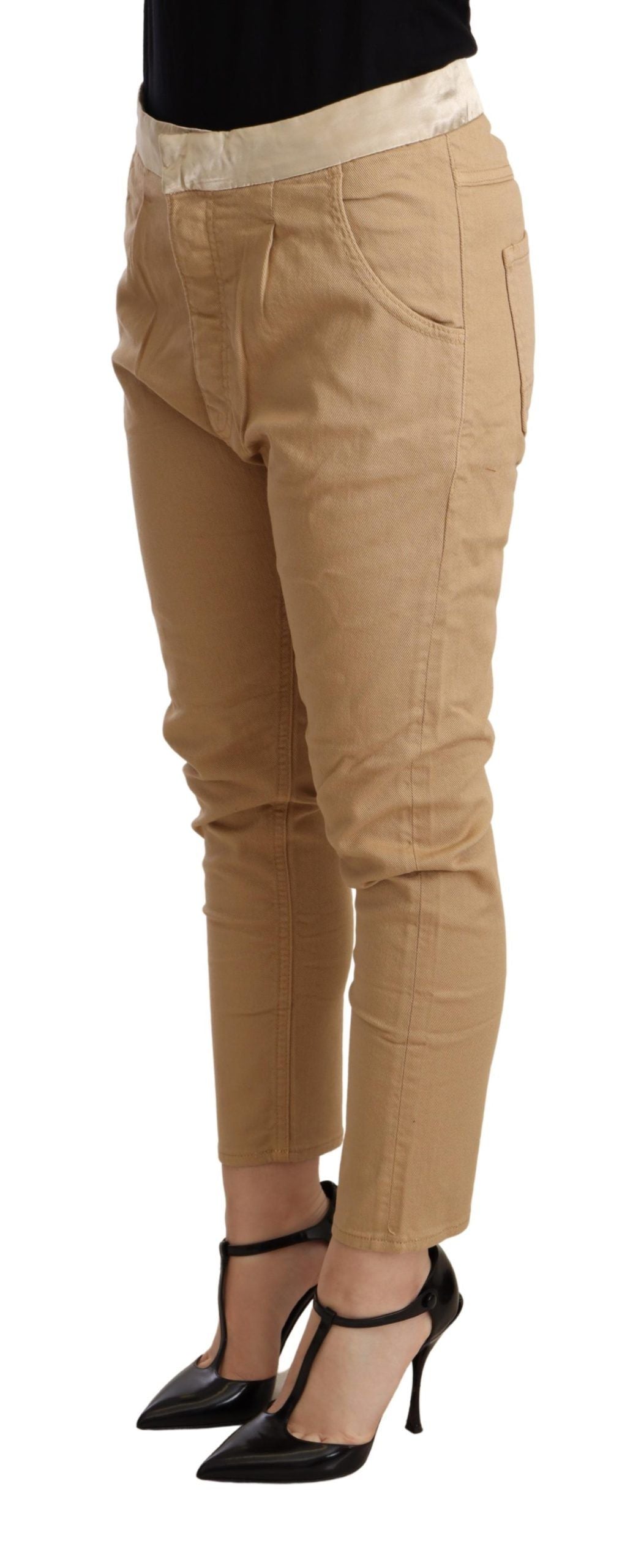 Beige Mid Waist Slim Fit Skinny Pants