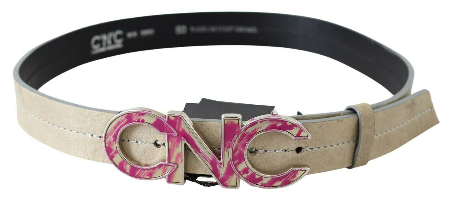 Beige Leather Fashion Belt with Logo Detail