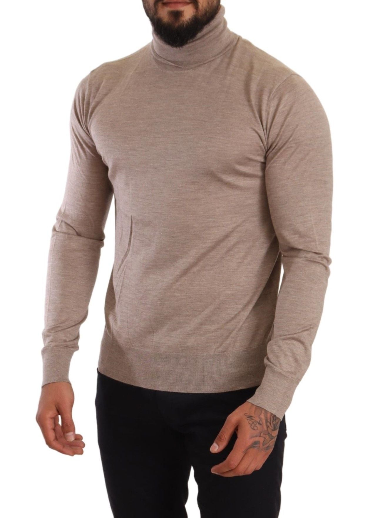 Beige Turtleneck Cashmere-Silk Blend Sweater