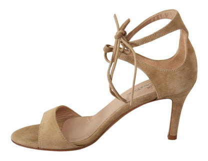 Elegant Beige Suede Ankle Strap Heels