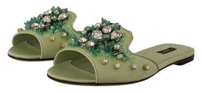 Elegant Crystal-Embellished Green Leather Slides