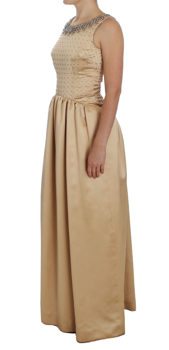 Beige Crystal Embellished Full Length Dress