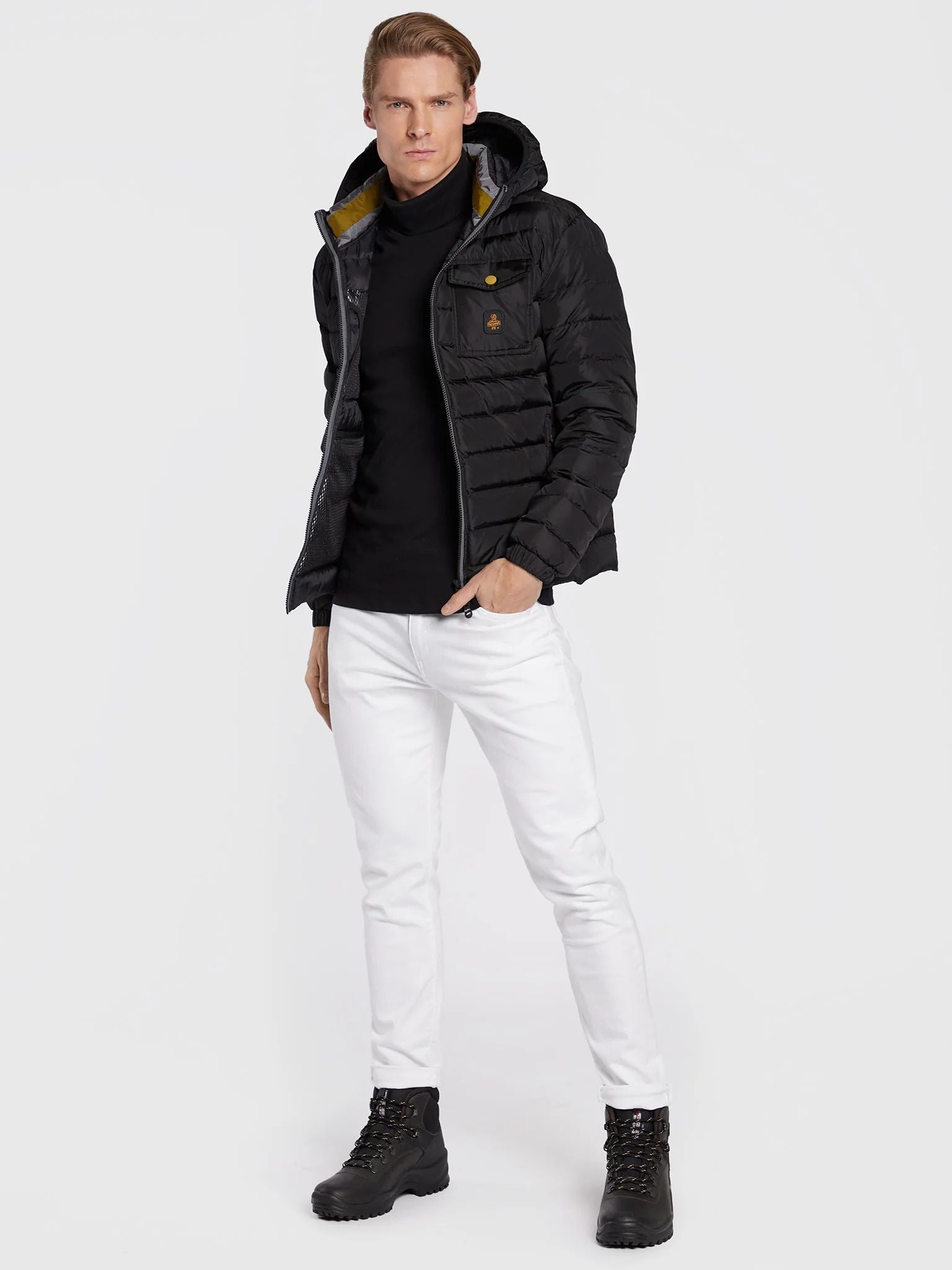 Elegant Black Hooded Down Jacket with Chic Olive Accent