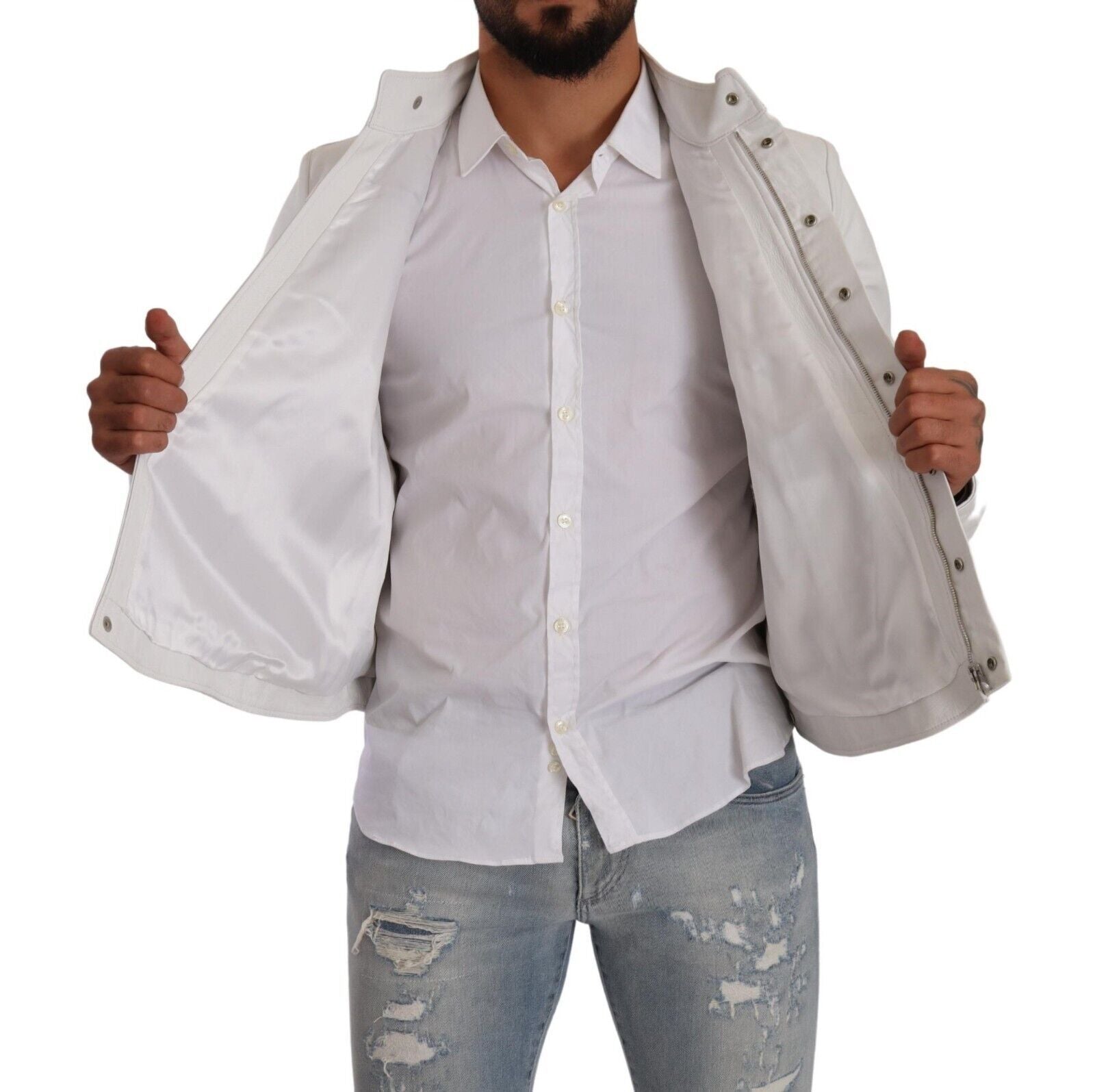 Exquisite White Leather Biker Jacket