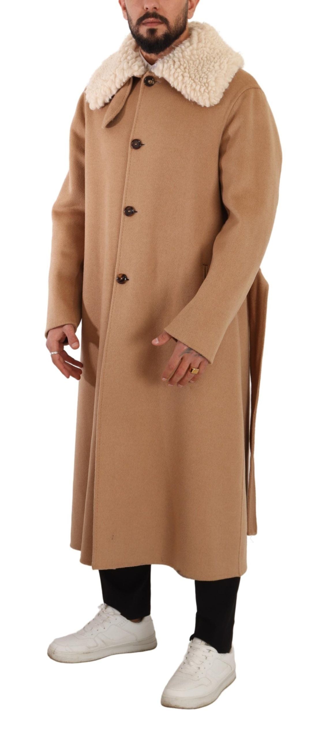 Opulent Beige Shearling-Collar Overcoat