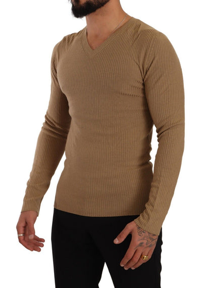 Classic V-Neck Wool Sweater in Brown