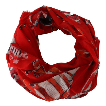 Elegant Red Fish Print Cotton Scarf