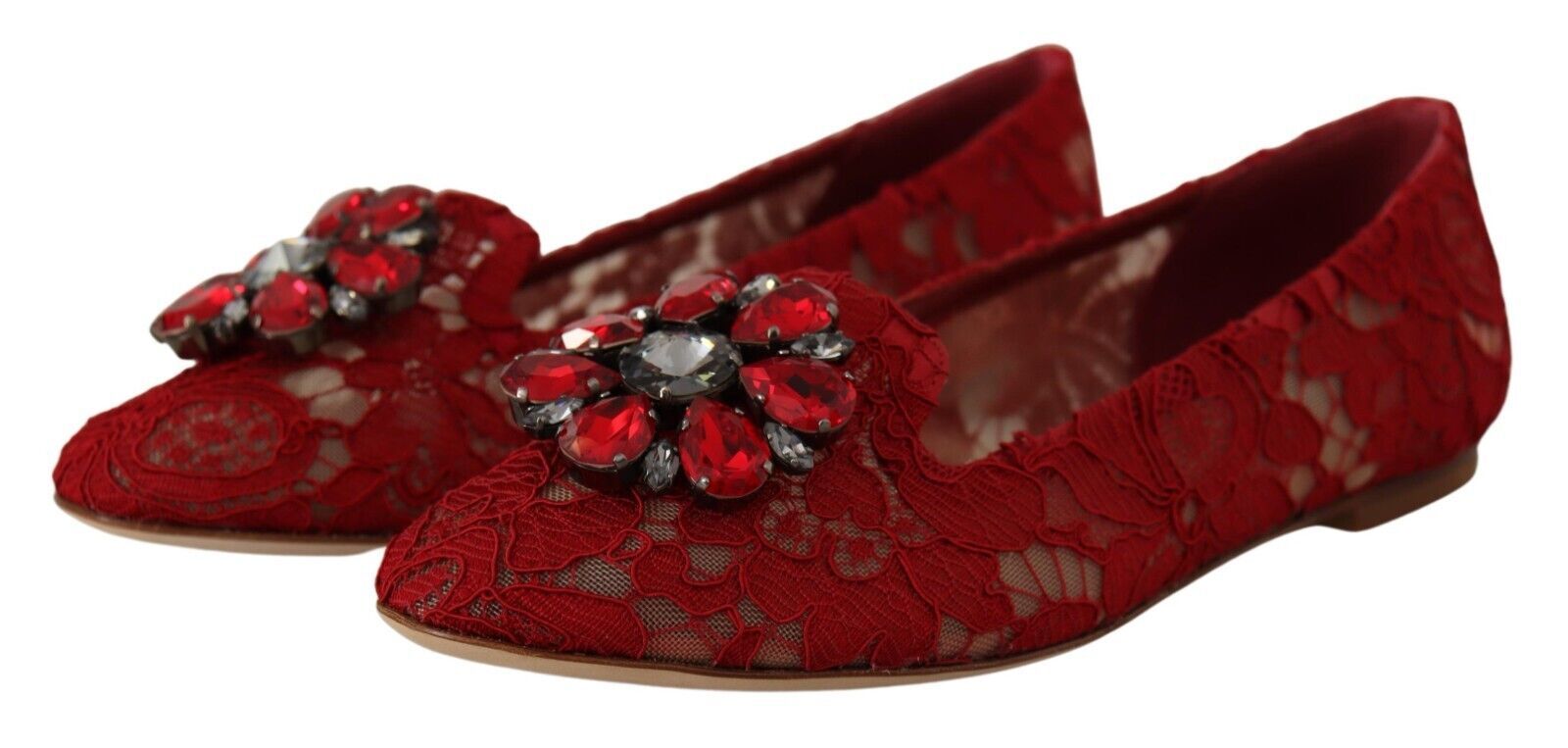 Radiant Red Lace Ballet Flats with Crystal Buckle