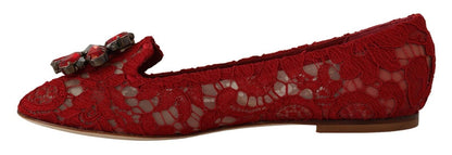 Radiant Red Lace Ballet Flats with Crystal Buckle