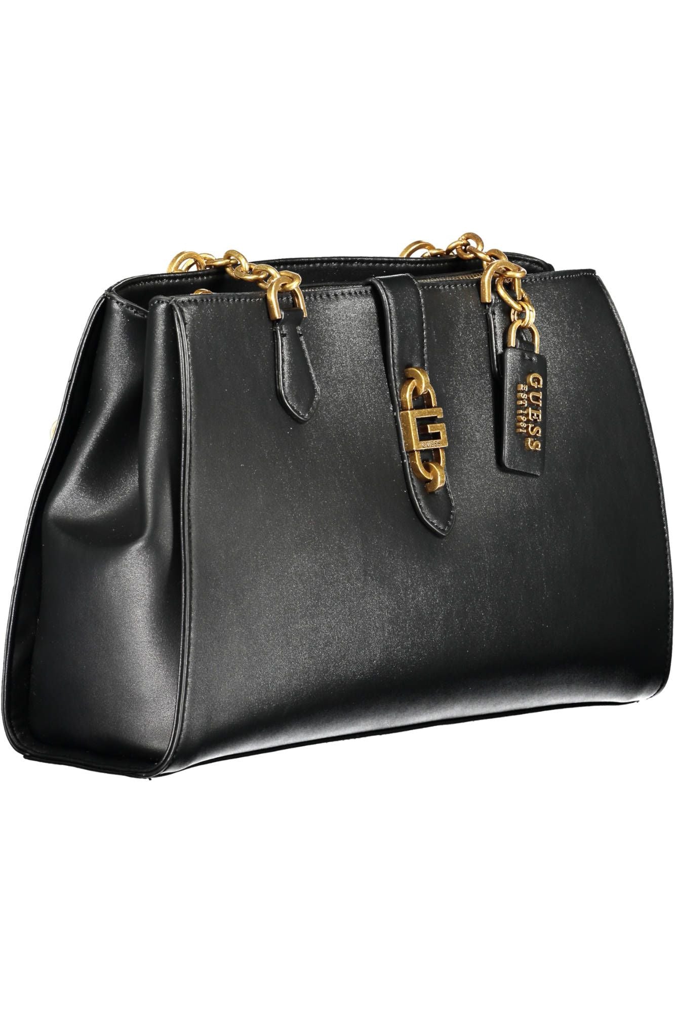 Chic Black Polyurethane Satchel with Contrasting Details