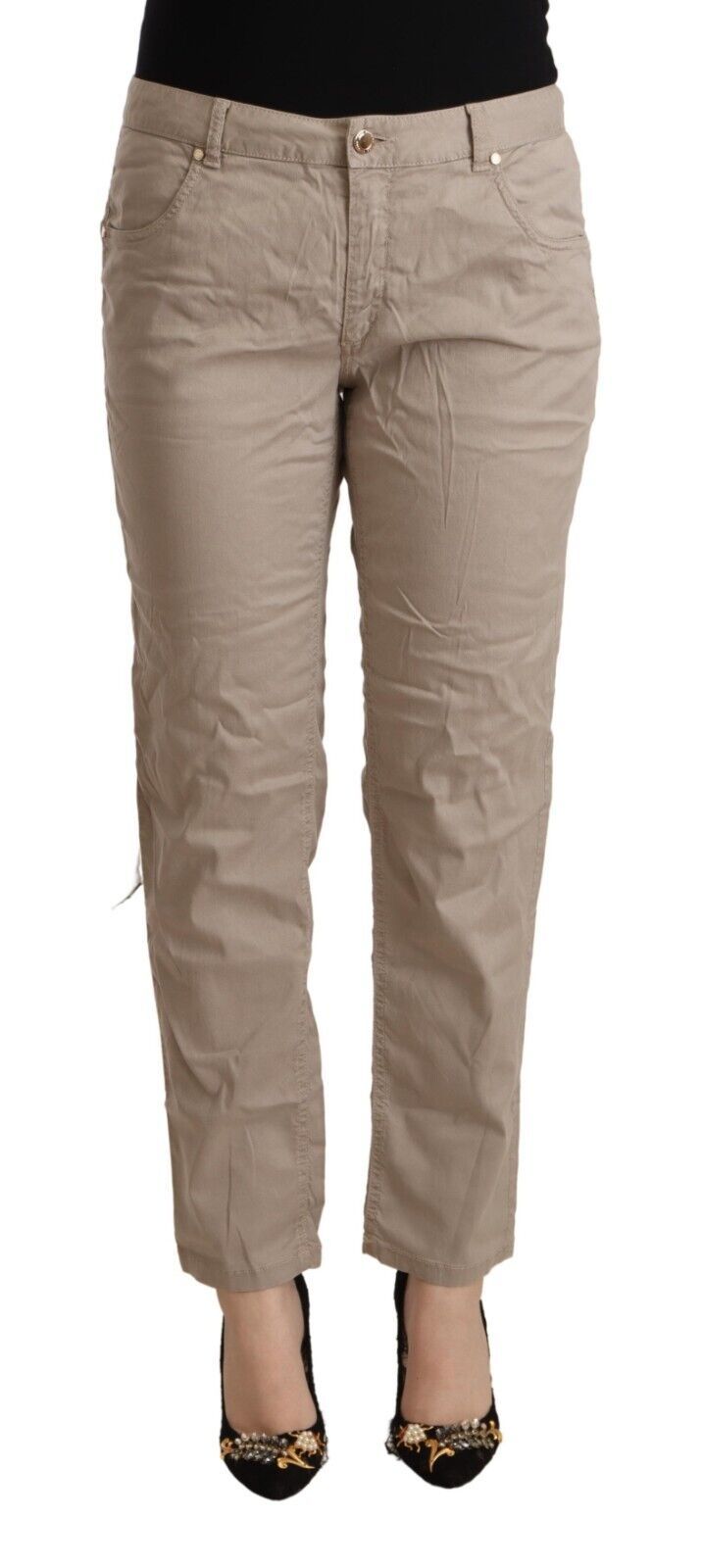 Beige Mid Waist Tapered Pants