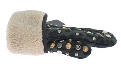 Elegant Studded Gray Wool Shearling Gloves