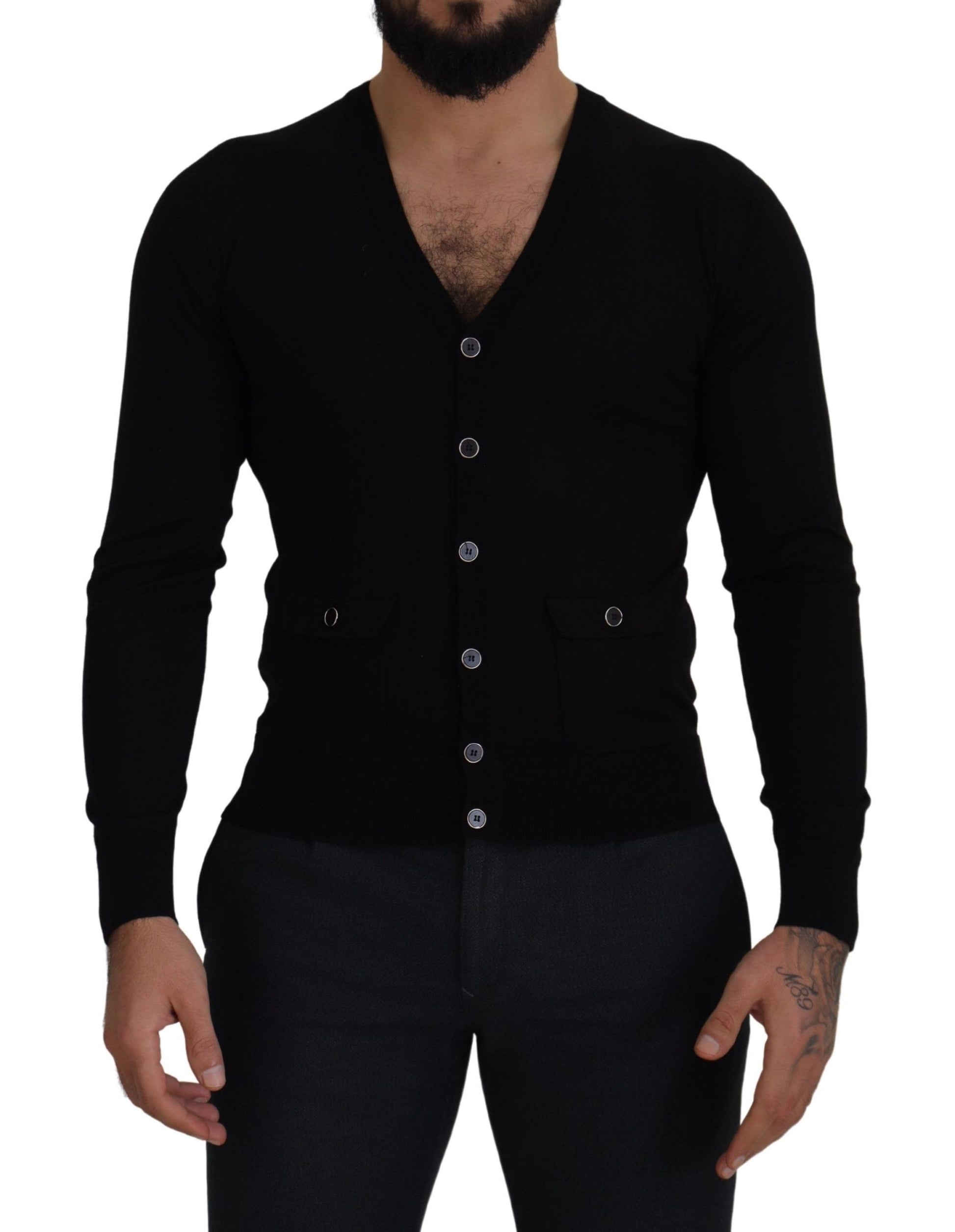 Elegant Wool Buttoned Black Cardigan