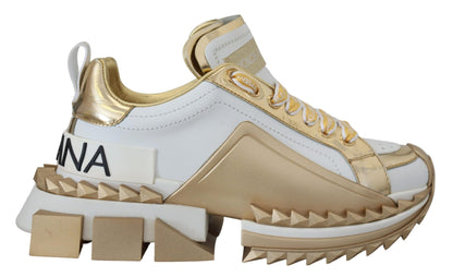 Elegant White and Gold Leather Sneakers