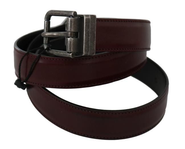 Men Bordeaux Leather Belt with Gray Brushed Buckle