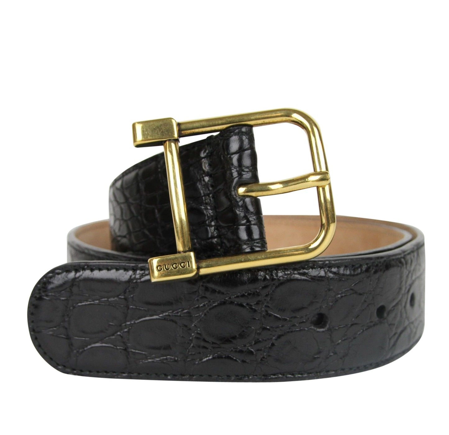 Gucci Women's Gold Square Buckle Black Crocodile Belt