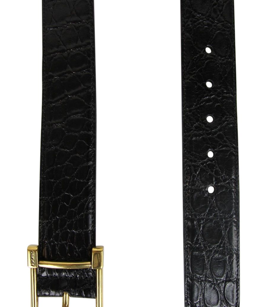 Gucci Women's Gold Square Buckle Black Crocodile Belt