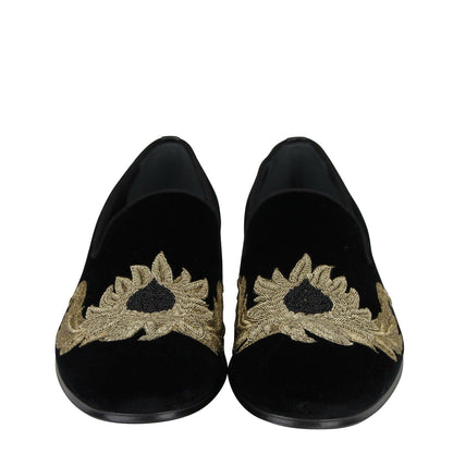 Alexander McQueen Men's Gold Embroidered Detail Black Velvet Slip On Shoes