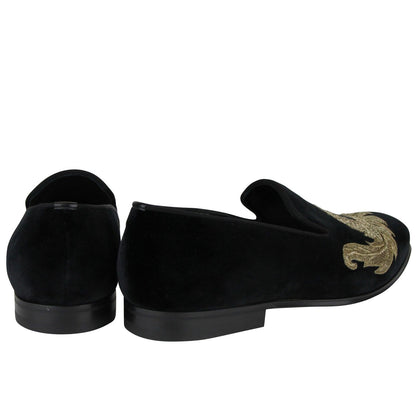 Alexander McQueen Men's Gold Embroidered Detail Black Velvet Slip On Shoes