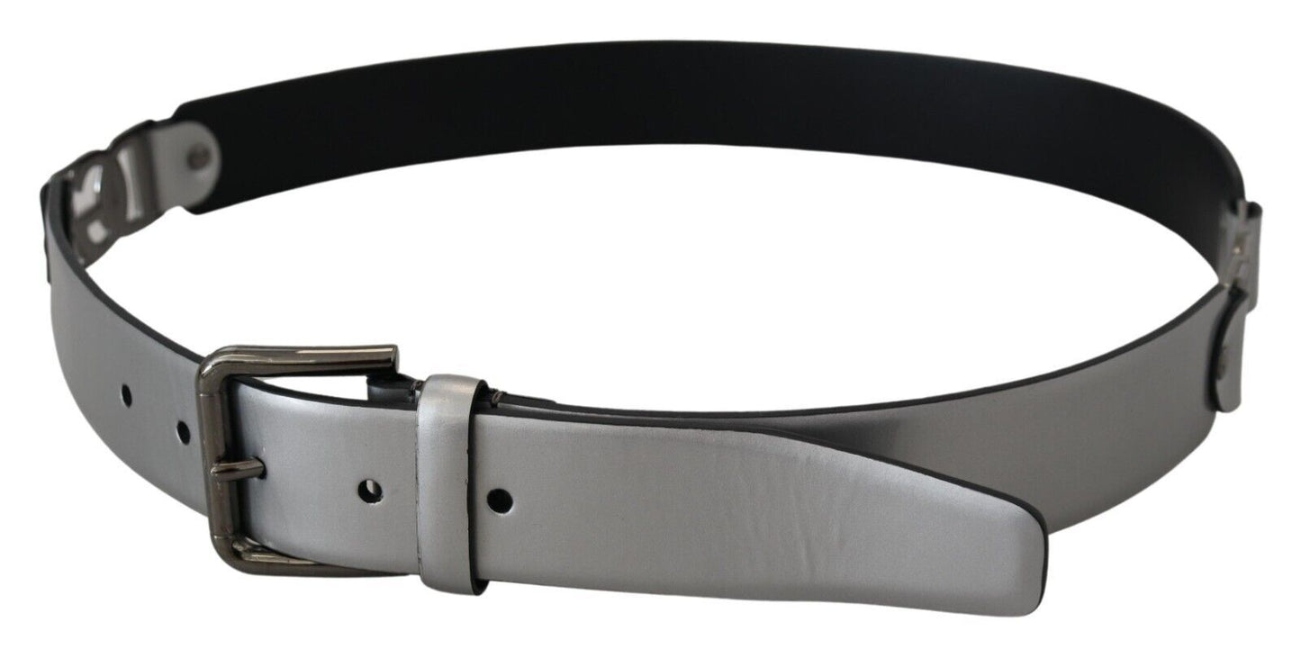 Chic Silver Leather Belt with Metal Buckle