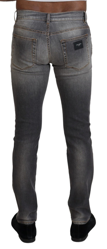 Elegant Gray Washed Cotton Stretch Jeans