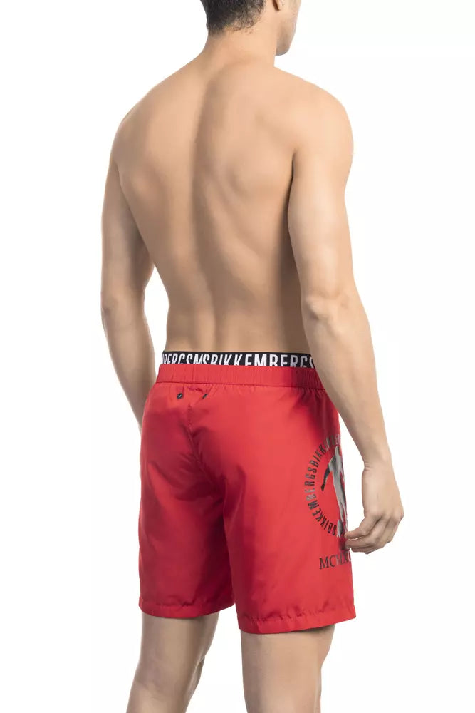 Red Polyester Men Swim Short